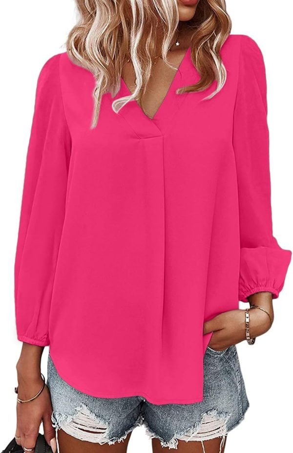 Women's Long Sleeve V Neck Shirt Dressy Pleated Top Casual Loose Chiffon Blouses