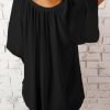 Womens Casual V Neck Loose 3/4 Bell Sleeve Chiffon Blouse Shirt Pleated Flowy Tunic Tops
