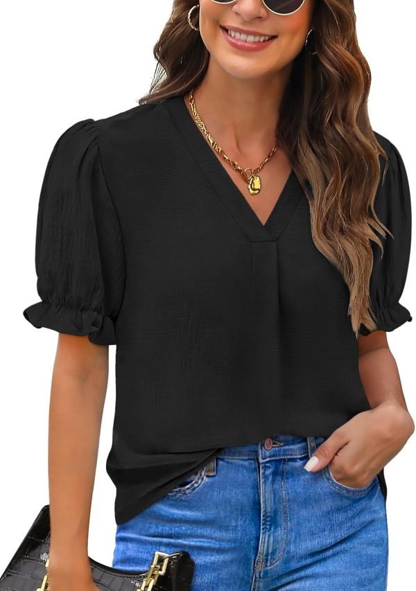 61tMv9jOBjL._AC_SL1500 Women Dressy Casual Puff Short Sleeve Summer Tops V Neck Work Blouses