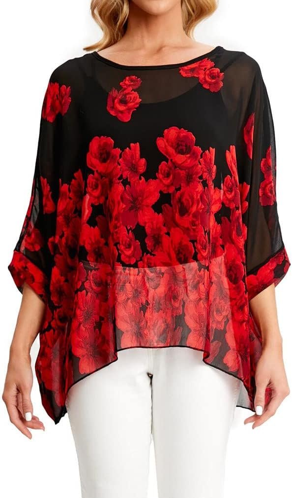 Women Chiffon Blouse Floral Batwing Sleeve Beach Cover Loose Tunic Shirt Tops