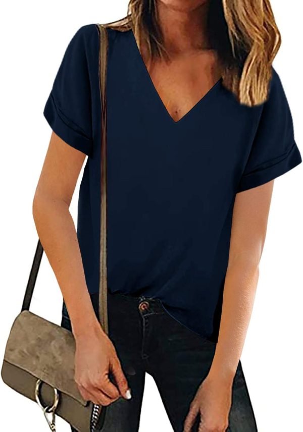 61tt3z-jylL._AC_SL1500 Women V Neck Chiffon Blouse Short Sleeve Summer Casual Loose Shirt Tops