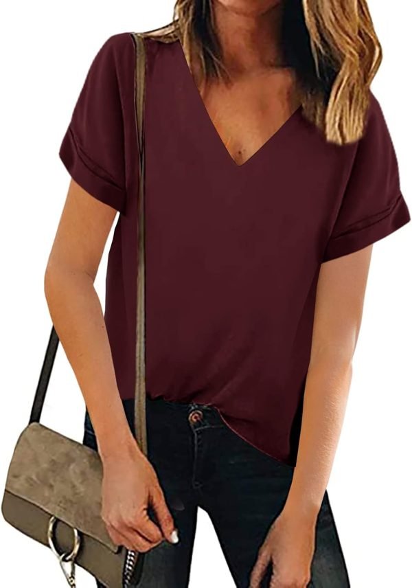 61uHFYBqdcL._AC_SL1500 Women V Neck Chiffon Blouse Short Sleeve Summer Casual Loose Shirt Tops