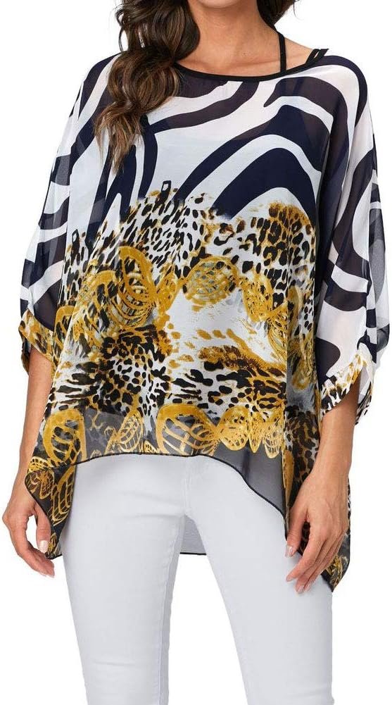 Women Chiffon Blouse Floral Batwing Sleeve Beach Cover Loose Tunic Shirt Tops