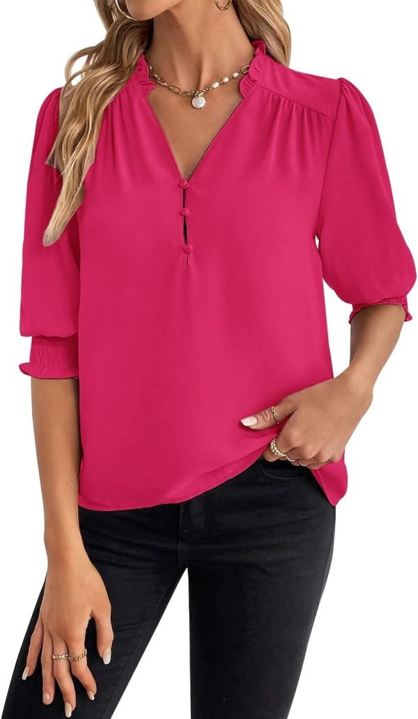 61vaD6HLpoL._AC_SL1500 Women's Summer Puff Sleeve Top V Neck Ruffle Button Shirt Pleated Dressy Casual Chiffon Blouses