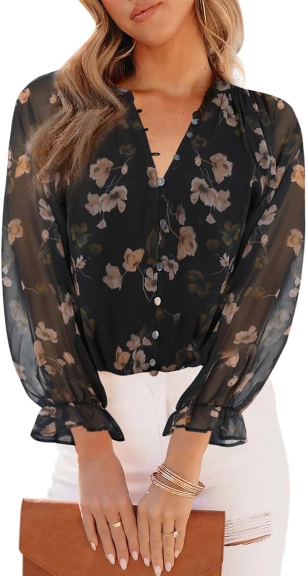 Womens Casual Boho Floral Print V Neck Long Sleeve Blouses Button Down Shirts Dressy Chiffon Loose Ruffle Tops