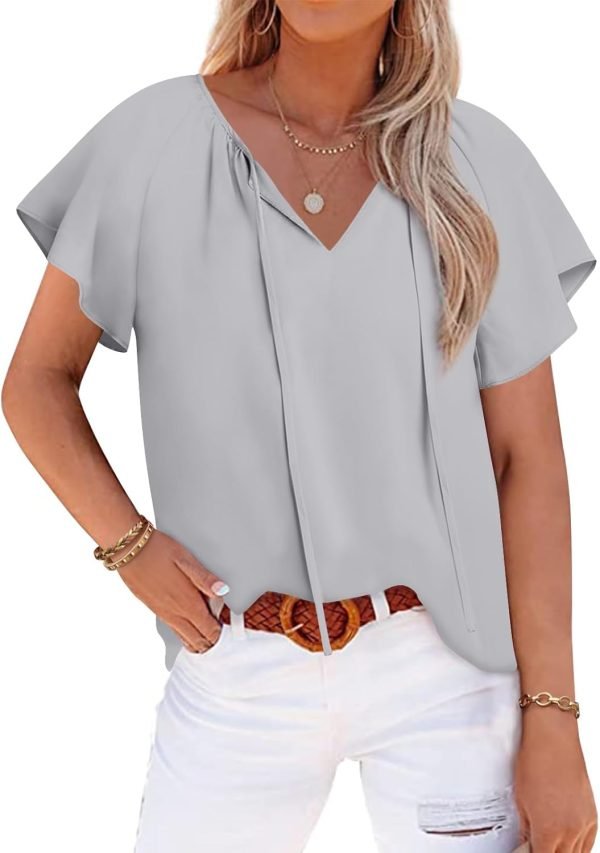 Womens 2024 Summer Tunic Tops Casual Short Sleeve Blouses V Neck Dressy Chiffon Boho Tshirts