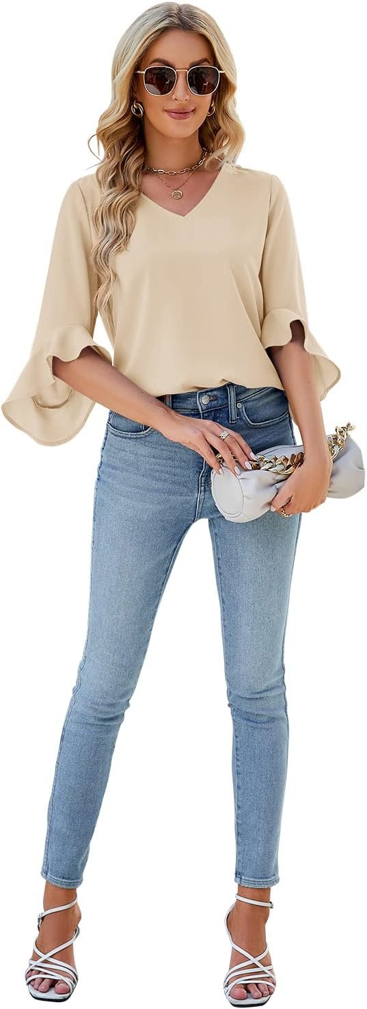 Chiffon Blouses for Women Ruffle 3/4 Sleeve Dressy V Neck Casual Flowy Tunic Tops