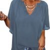 Womens Chiffon Blouses Casual Solid Bell Sleeve Shirt Loose V Neck Pleated Tunic Tops