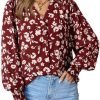 Women's Casual V Neck Easel Floral Print Long Sleeve Blouses Smocked Button Down Shirts Bohemian Top