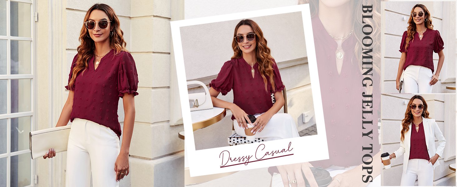 Womens Puff Sleeve Summer Tops Chiffon Short Sleeve Blouses White V Neck Pom Pom Shirts