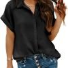 Women Chiffon Button Down Shirts with Pocket Short Sleeve Office Blouses V Neck Casual Business Tops Slim Fit Shirts