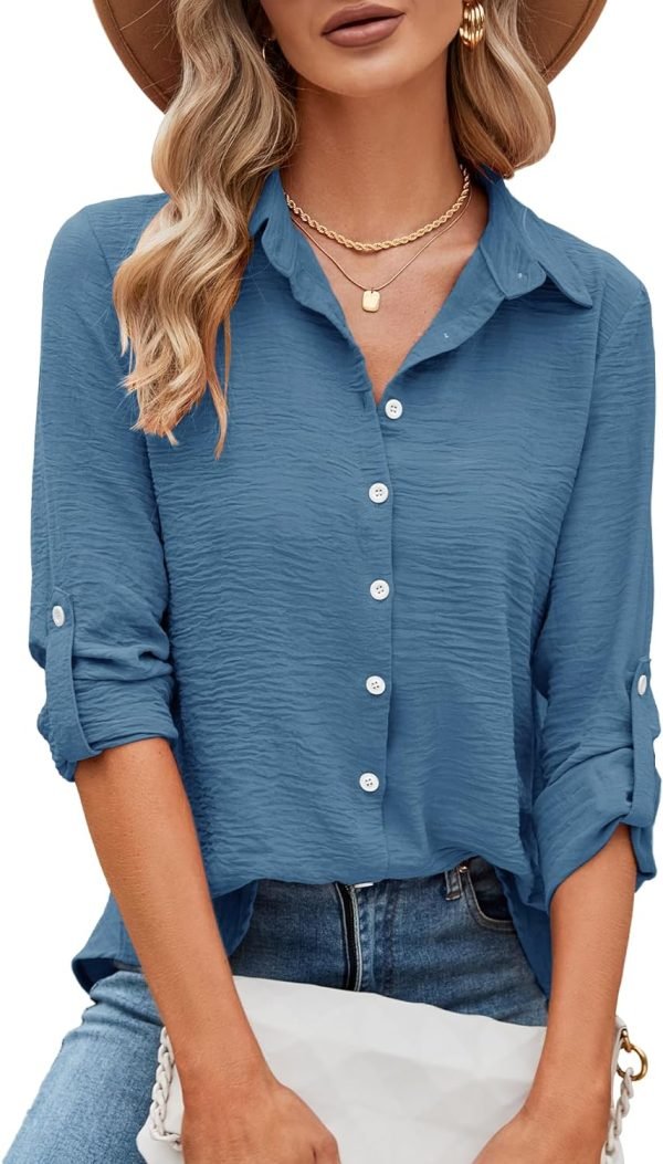 Womens Button Down Shirts V Neck Roll Up 3/4 Length Sleeve Tops Elegant Dressy Blouses Business Casual Outfits