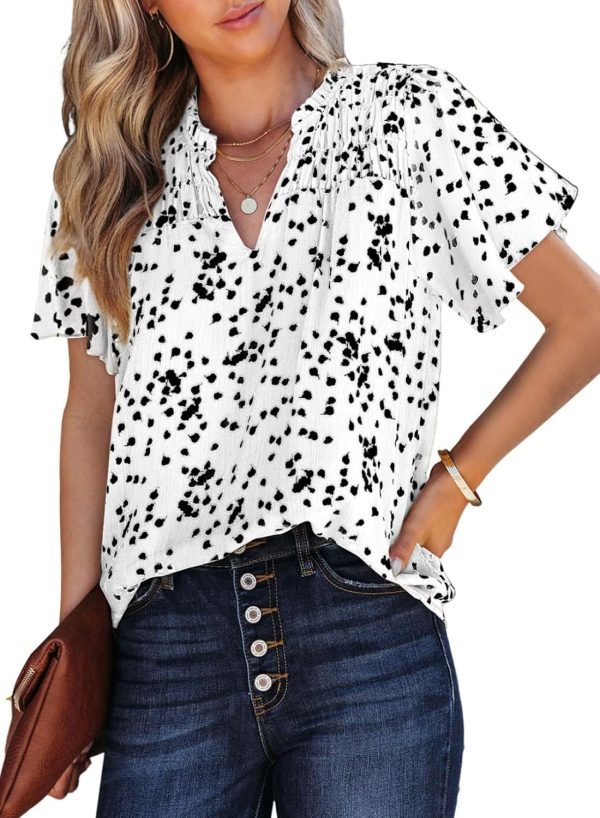 71-Dh-kRyLL._AC_SL1500 Women's Casual V Neck Floral Print Smocked Short Sleeve Chiffon Blouses Bohemian Top Shirts
