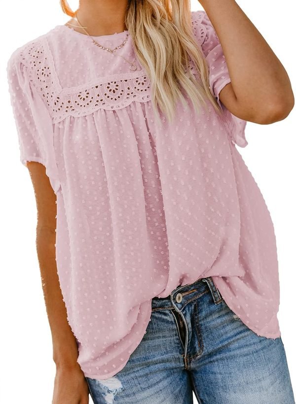 71-She-FgAS._AC_SL1500 Womens Crewneck Lace Crochet Pom Pom Flowy Short Sleeve Casual Shirts Blouses Tops