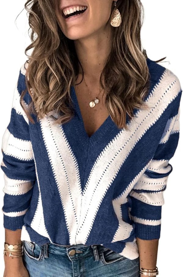 71-SmypEPBS._AC_SL1500 Womens 2024 Deep V Neck Sweaters Striped Long Sleeve Knit Pullover Sweaters for Women