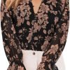 Womens Casual Boho Floral Print V Neck Long Sleeve Blouses Button Down Shirts Dressy Chiffon Loose Ruffle Tops