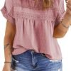 Women Plus Size Tops Crewneck Short Sleeve Lace Crochet Loose Casual Summer Blouses Shirts(1X-5X)