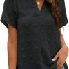 Womens White Chiffon Blouses Short Sleeve V Neck Shirts Summer Casual Polka Dot Tops