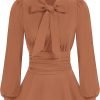 Women's Long Sleeve Peplum Dressy Shirt Office Bow Tie Work Blouses Tops Smocked Waist