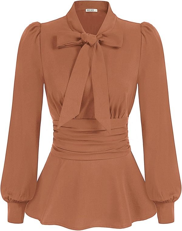 710ndDZSEoL._AC_SL1500 Women's Long Sleeve Peplum Dressy Shirt Office Bow Tie Work Blouses Tops Smocked Waist