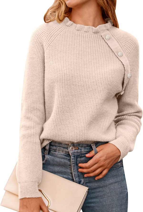 710tmSg29FL._AC_SL1500 Women's Sweaters Casual Long Sleeve Button Down Crew Neck Ruffle Knit Pullover Sweater Tops Solid Color Striped