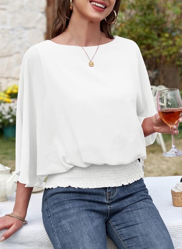 711z_Q4xvLL._AC_SL1500 Womens Solid Short Sleeve Boat Crew Neck Chiffon Blouses 3/4 Sleeve Casual Dressy Shirts Batwing Dolman Top Tunic
