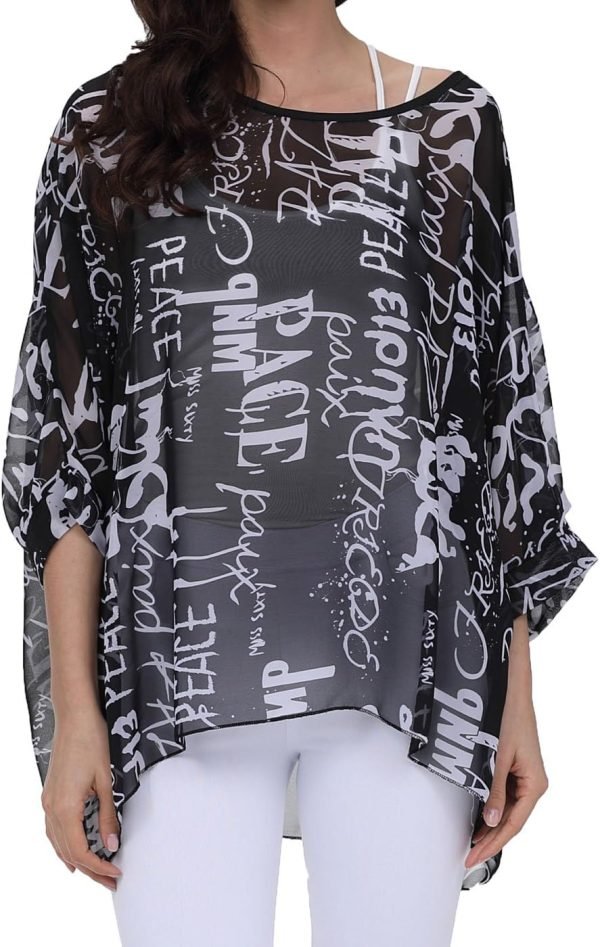 Women Chiffon Blouse Floral Batwing Sleeve Beach Cover Loose Tunic Shirt Tops