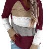 Women Color Block Hooded Crochet Striped Sweaters Lightweight Drawstring Hoodies Pullover Trendy Sweatshirts
