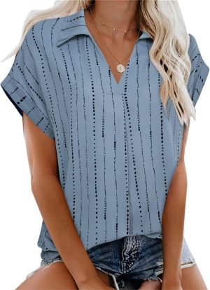Women's Summer Work Blouse V Neck Short Sleeve Lapel Shirt Top Tunic