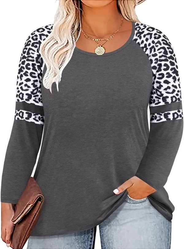 713-aOCpOZL._AC_SL1200 Plus Size T Shirt for Women Long Sleeve Raglan Tops Tee Shirts Color Block Top Leopard Plaid Print XL-5XL 14W-28W
