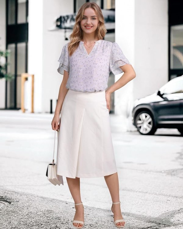 Womens Dressy Chiffon Blouses Summer Puff Petal Short Sleeve Shirts V Neck Casual Work Tops