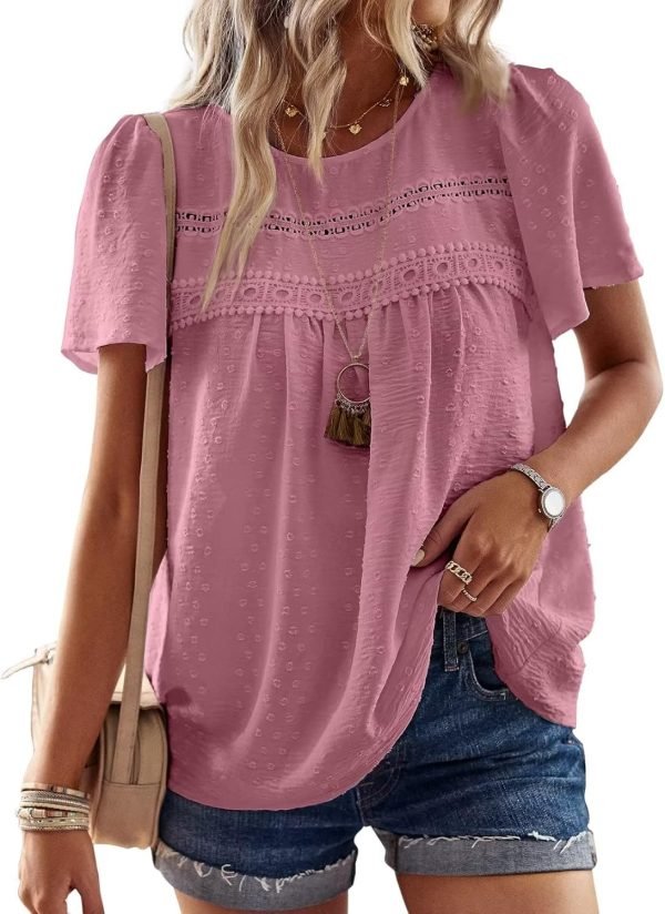 713CA-IfKWL._AC_SL1500 Womens Summer Tops Crewneck Short Sleeve Shirts Casual Chiffon Blouses Flowy Lace Hem Boho Clothing Trendy 2024