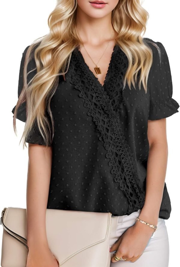 713D9DYpxIL._AC_SL1500 Chiffon Blouse for Womens Dressy Casual Short Sleeve Shirt V Neck Swiss Dot Top