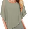 Women's Lightweight Flowy Shirt Double-Layered Printed Chiffon Poncho Blouse Top