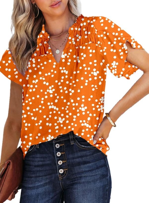 713boyeeq9L._AC_SL1500 Women's Casual V Neck Alicia Floral Print Smocked Short Sleeve Chiffon Blouses Bohemian Top Shirts