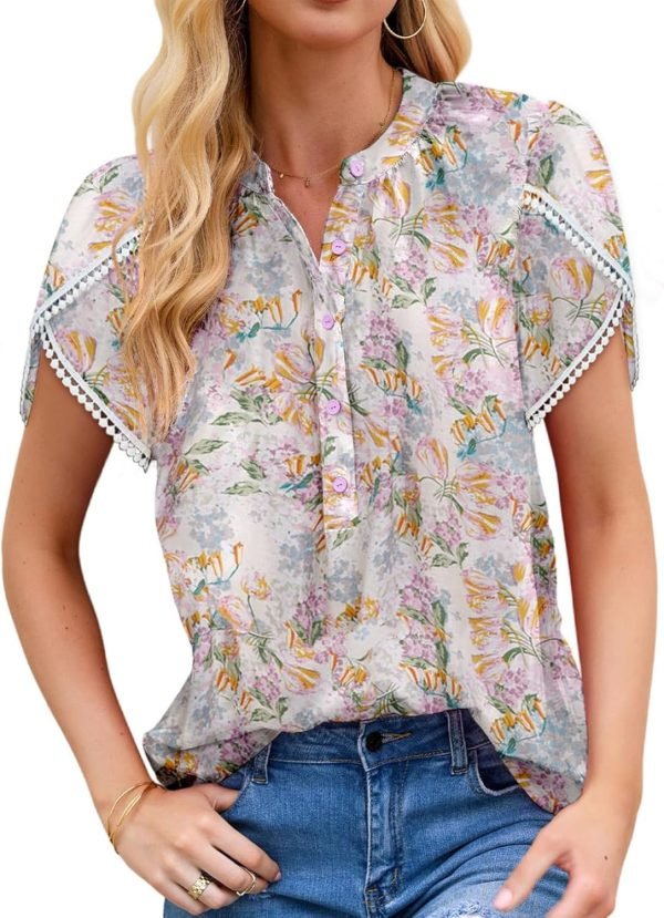 713dxHQQoxL._AC_SL1500 Womens Tops Summer Casual Boho Floral Print Short Sleeve Half Button Down V Neck Chiffon Blouses Shirts