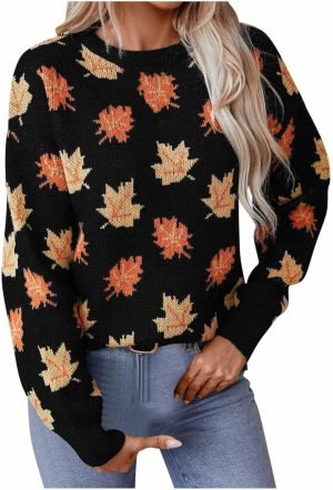 Women's Casual Maple Leaf Print Crewneck Knit Sweater 2024 Fall Winter Fashion Long Sleeve Graphic Loose Jumpers Tops