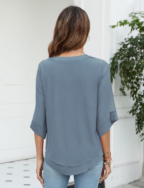 Womens 3/4 Sleeve Chiffon Blouses V Neck Double Layers Mesh Shirts Dressy Flowy Tunic Tops (M-5XL)