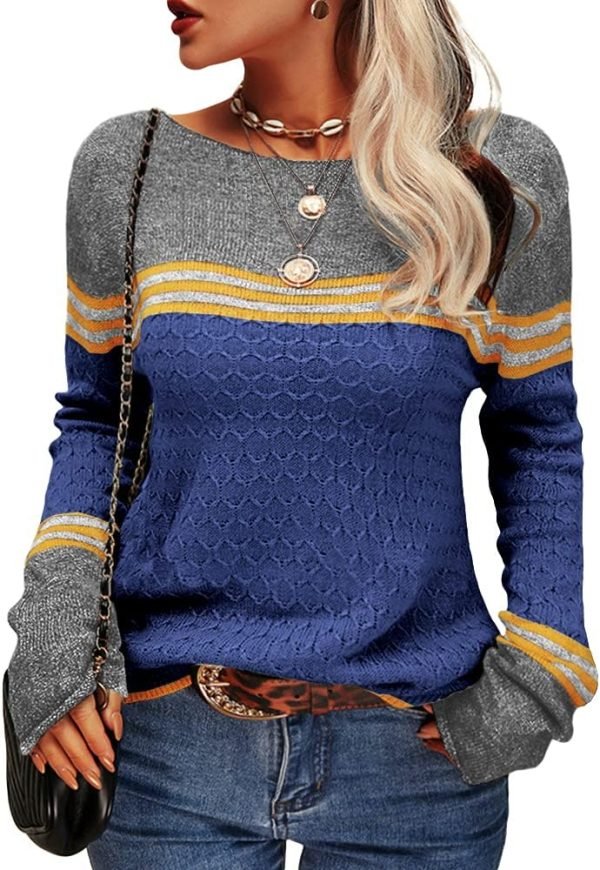 Women Autumn Winter Colorblock Pullover Sweaters Round Neck Striped Slim Fitting Knitwear Tops