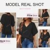 Womens Chiffon Blouses Casual Solid Bell Sleeve Shirt Loose V Neck Pleated Tunic Tops