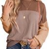 Womens Fashion 2024 Color Block Long Sleeve Crewneck Knitted Casual Loose Pullover Shirts Tops