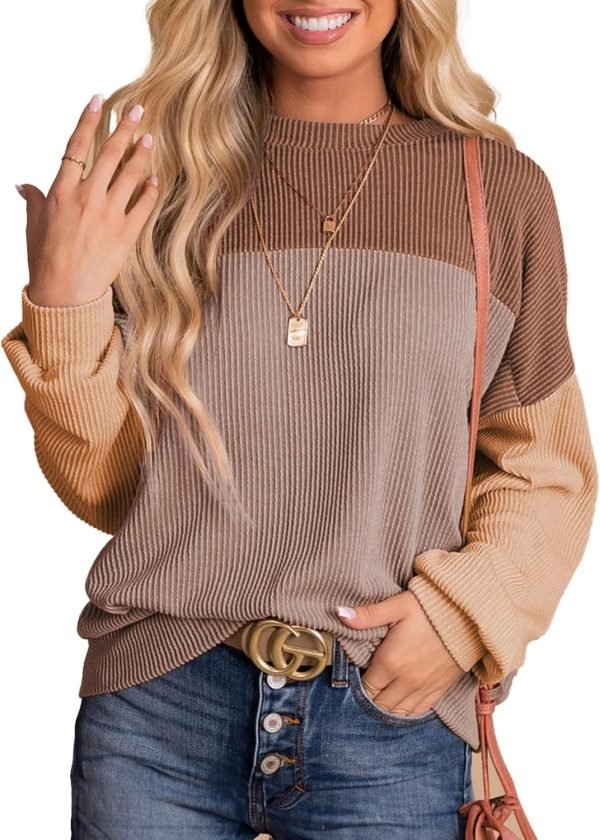 7149xu8IOnL._AC_SL1500 Womens Fashion 2024 Color Block Long Sleeve Crewneck Knitted Casual Loose Pullover Shirts Tops