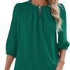 V Neck Puff 3/4 Length Sleeve Womens Tops Dressy Casual Chiffon Work Blouses Pleated T-Shirts Loose Fit S-XXL