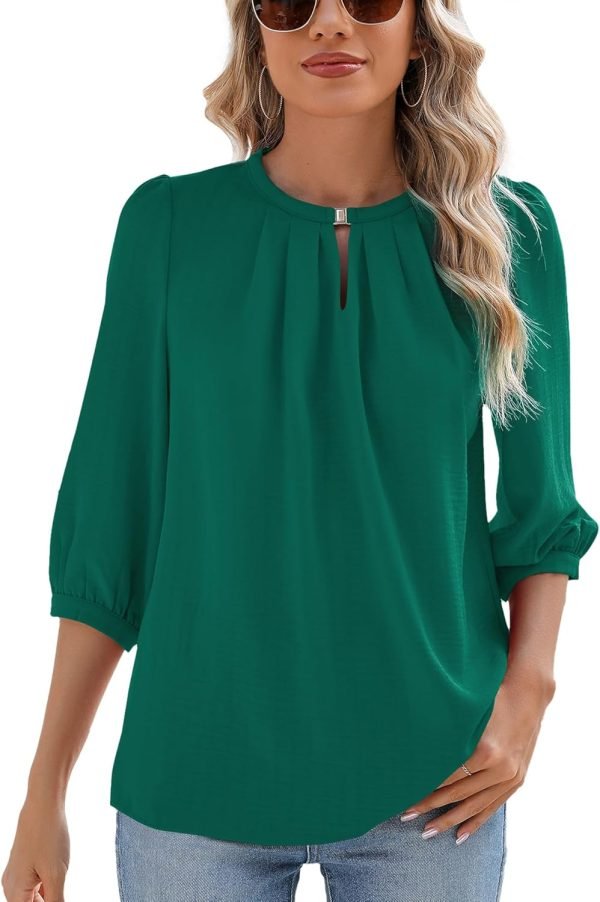 V Neck Puff 3/4 Length Sleeve Womens Tops Dressy Casual Chiffon Work Blouses Pleated T-Shirts Loose Fit S-XXL