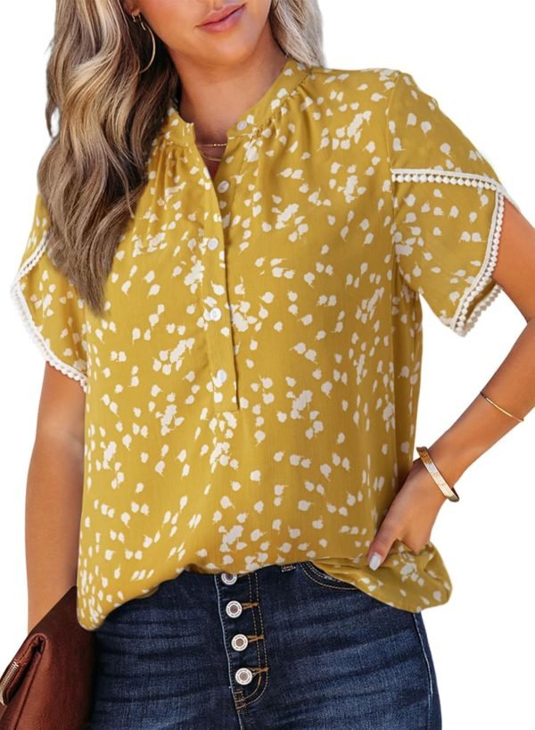 714Y666_GZL._AC_SL1500 Womens Tops Summer Casual Boho Floral Print Short Sleeve Half Button Down V Neck Chiffon Blouses Shirts