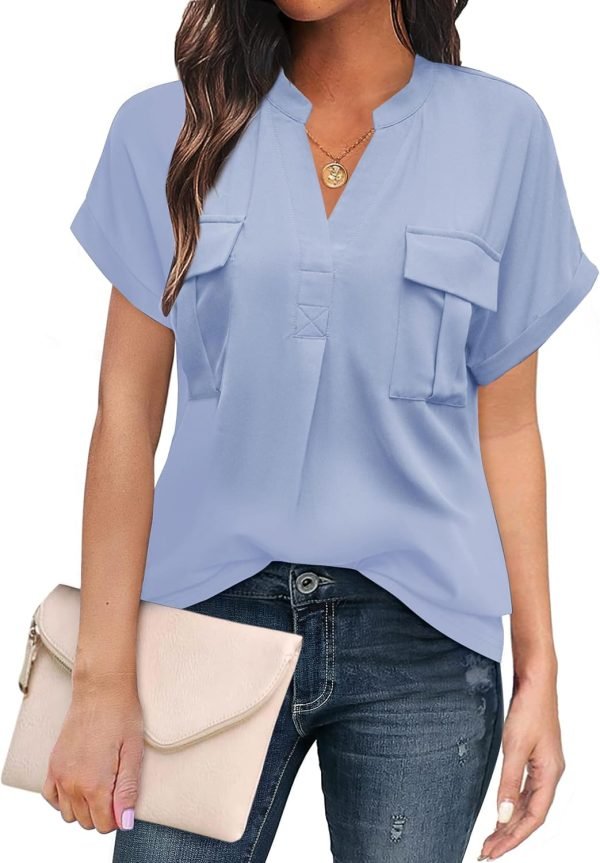 Women Dressy Casual V Neck Short Sleeve Dress Shirts Summer Work Tops Tunics Solid Color Chiffon Blouse