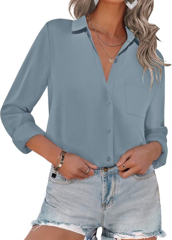 Women Button Down Shirts with Pockets Long Sleeve Office Blouses Casual Business Tops Slim Fit Chiffon Shirts S-XXL