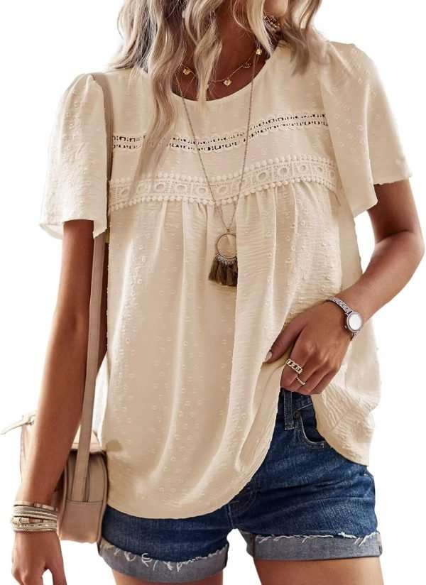 715E8JH4EsL._AC_SL1500 Womens Summer Tops Crewneck Short Sleeve Shirts Casual Chiffon Blouses Flowy Lace Hem Boho Clothing Trendy 2024