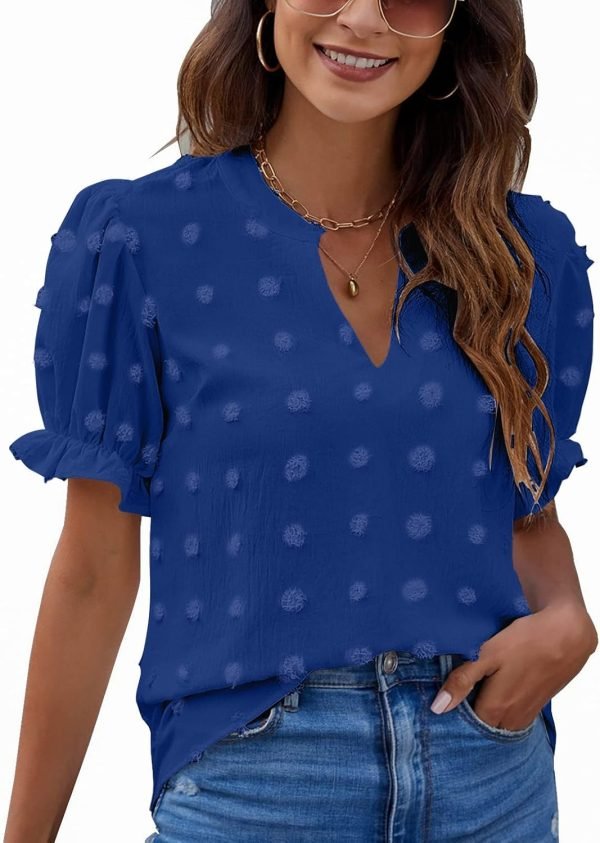715SpT2vHJL._AC_SL1500 Womens Puff Sleeve Summer Tops Chiffon Short Sleeve Blouses White V Neck Pom Pom Shirts