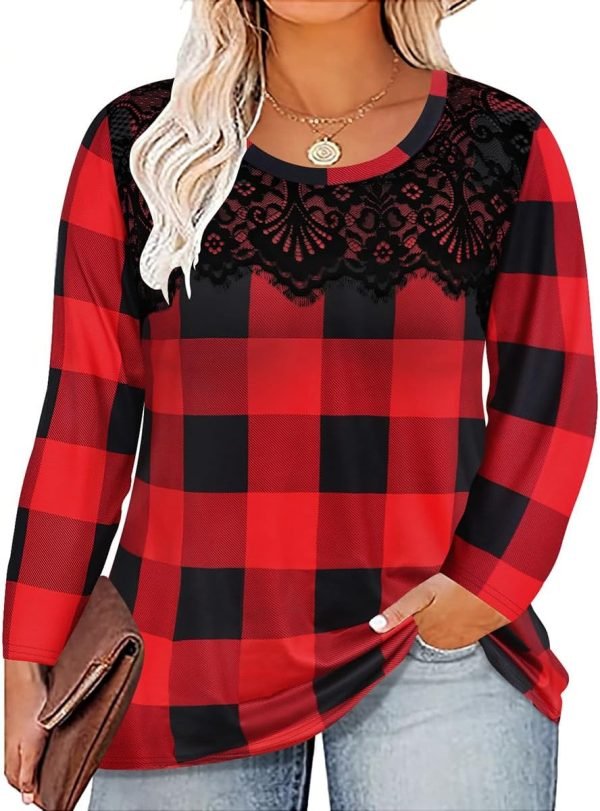 715dh3734mL._AC_SL1200 Plus Size Lace Tops for Women Long Sleeve Crewneck Pullover Fall T-shirts Tunics Basic Tees T-Shirts XL-5XL